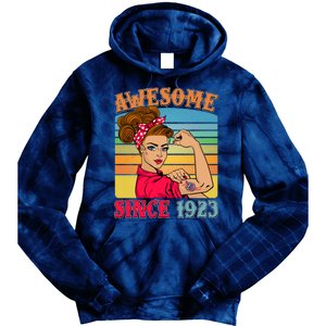 Awesome Since 1923 100th Birthday Messy Bun Rosie The Riveter Tie Dye Hoodie