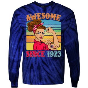 Awesome Since 1923 100th Birthday Messy Bun Rosie The Riveter Tie-Dye Long Sleeve Shirt