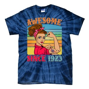 Awesome Since 1923 100th Birthday Messy Bun Rosie The Riveter Tie-Dye T-Shirt