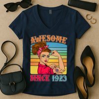 Awesome Since 1923 100th Birthday Messy Bun Rosie The Riveter Women's V-Neck T-Shirt