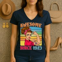 Awesome Since 1923 100th Birthday Messy Bun Rosie The Riveter Women's V-Neck T-Shirt