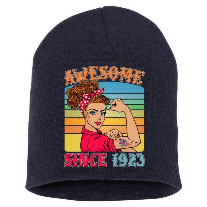 Awesome Since 1923 100th Birthday Messy Bun Rosie The Riveter Short Acrylic Beanie