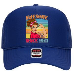 Awesome Since 1923 100th Birthday Messy Bun Rosie The Riveter High Crown Mesh Back Trucker Hat