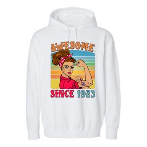 Awesome Since 1923 100th Birthday Messy Bun Rosie The Riveter Garment-Dyed Fleece Hoodie