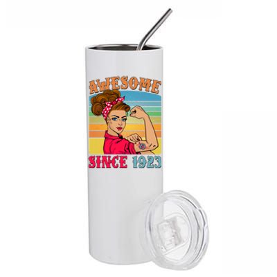 Awesome Since 1923 100th Birthday Messy Bun Rosie The Riveter Stainless Steel Tumbler