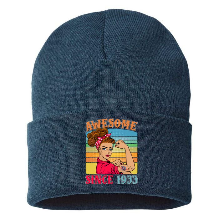 Awesome Since 1933 90th Birthday Messy Bun Rosie The Riveter Sustainable Knit Beanie