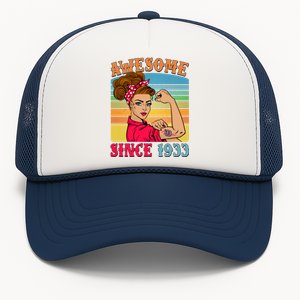 Awesome Since 1933 90th Birthday Messy Bun Rosie The Riveter Trucker Hat