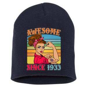 Awesome Since 1933 90th Birthday Messy Bun Rosie The Riveter Short Acrylic Beanie