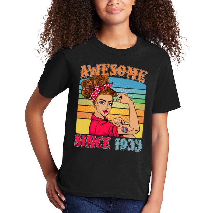 Awesome Since 1933 90th Birthday Messy Bun Rosie The Riveter Kids T-Shirt