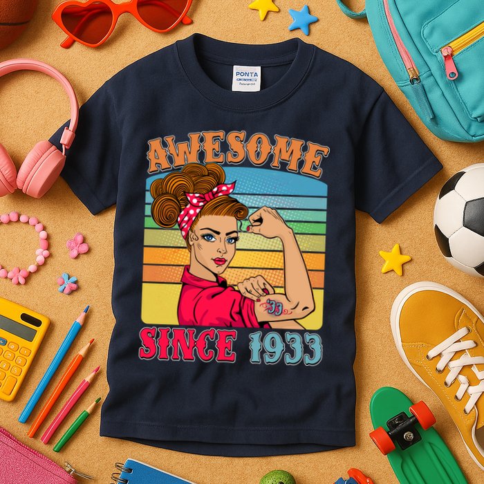 Awesome Since 1933 90th Birthday Messy Bun Rosie The Riveter Kids T-Shirt