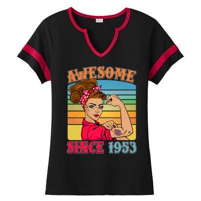 Awesome Since 1953 70th Birthday Messy Bun Rosie The Riveter Ladies Halftime Notch Neck Tee