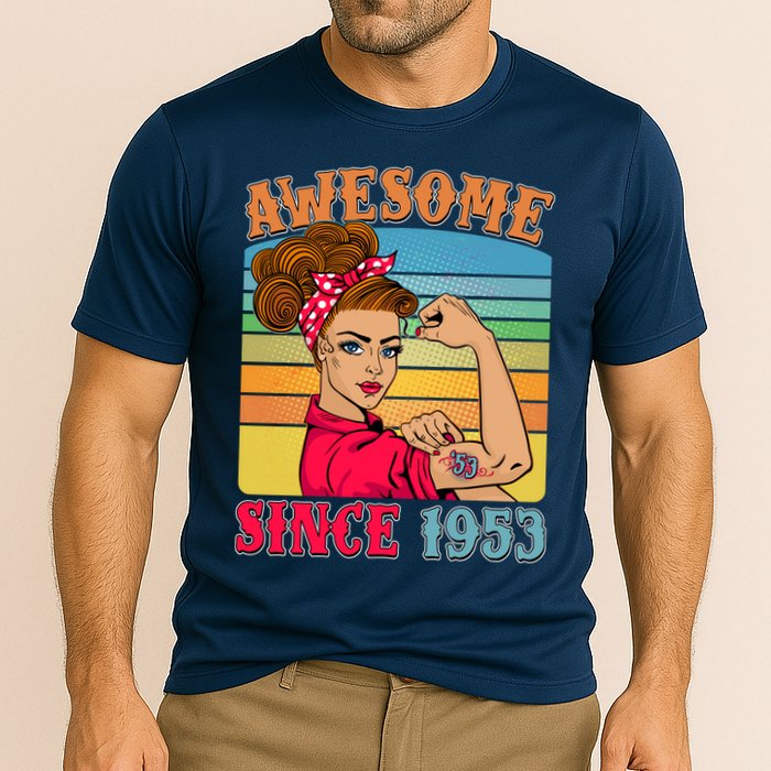 Awesome Since 1953 70th Birthday Messy Bun Rosie The Riveter Performance Shirt