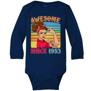 Awesome Since 1953 70th Birthday Messy Bun Rosie The Riveter Baby Long Sleeve Bodysuit