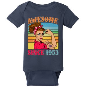 Awesome Since 1953 70th Birthday Messy Bun Rosie The Riveter Baby Bodysuit