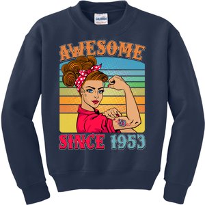 Awesome Since 1953 70th Birthday Messy Bun Rosie The Riveter Kids Sweatshirt