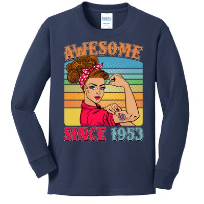 Awesome Since 1953 70th Birthday Messy Bun Rosie The Riveter Kids Long Sleeve Shirt