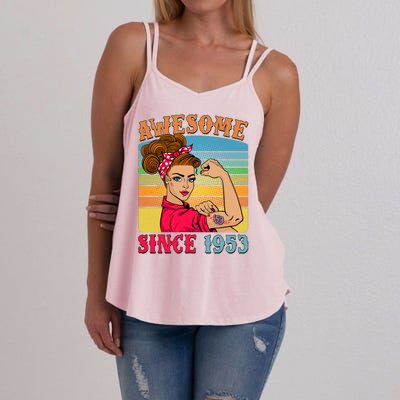 Awesome Since 1953 70th Birthday Messy Bun Rosie The Riveter Women's Strappy Tank