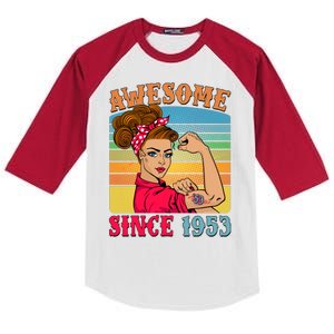 Awesome Since 1953 70th Birthday Messy Bun Rosie The Riveter Kids Colorblock Raglan Jersey