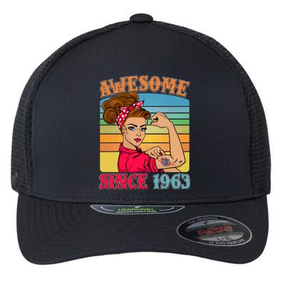 Awesome Since 1963 60th Birthday Messy Bun Rosie The Riveter Flexfit Unipanel Trucker Cap