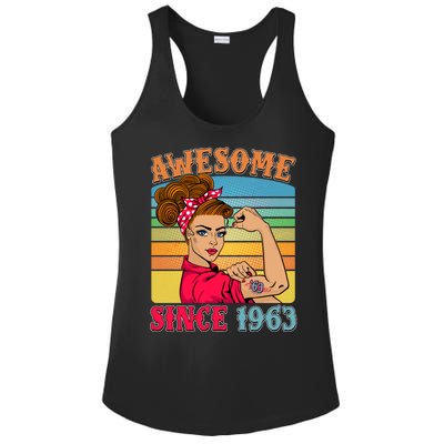 Awesome Since 1963 60th Birthday Messy Bun Rosie The Riveter Ladies PosiCharge Competitor Racerback Tank