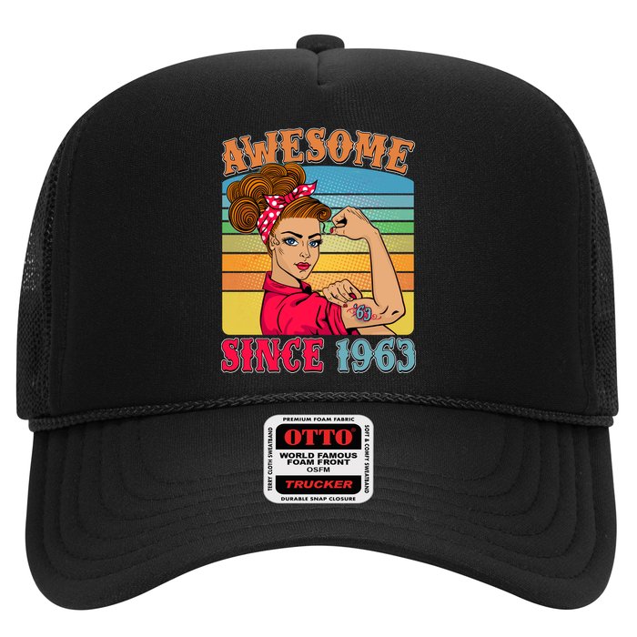 Awesome Since 1963 60th Birthday Messy Bun Rosie The Riveter Trucker Hat