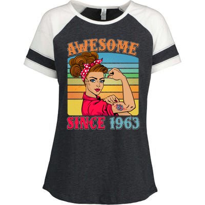 Awesome Since 1963 60th Birthday Messy Bun Rosie The Riveter Enza Ladies Jersey Colorblock Tee