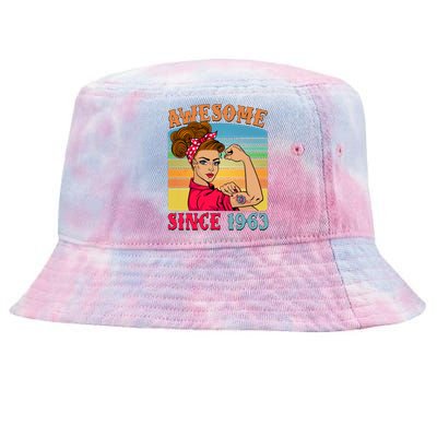 Awesome Since 1963 60th Birthday Messy Bun Rosie The Riveter Tie-Dyed Bucket Hat