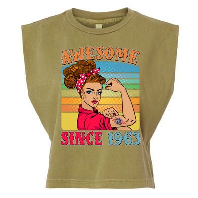 Awesome Since 1963 60th Birthday Messy Bun Rosie The Riveter Garment-Dyed Women's Muscle Tee