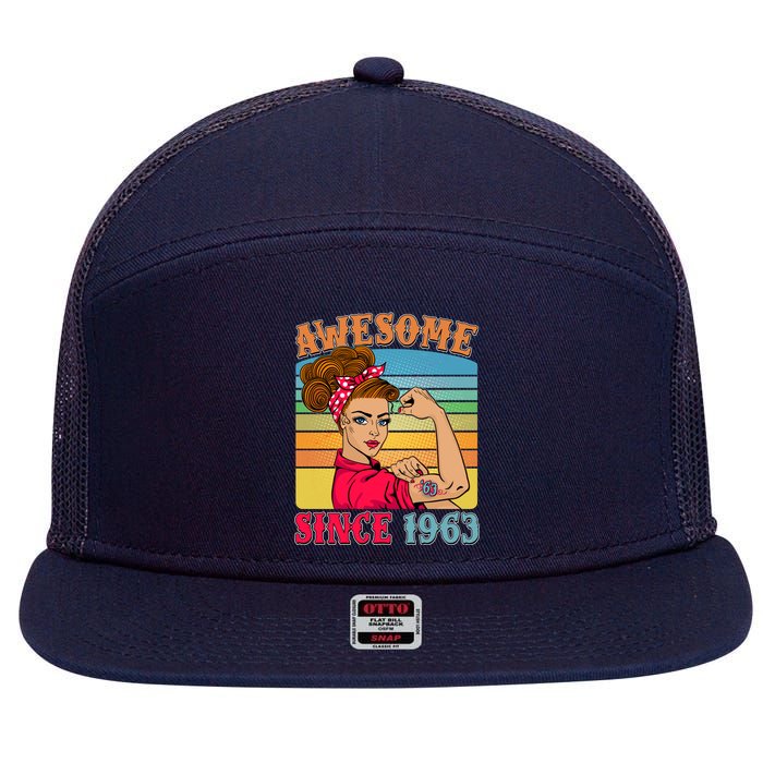 Awesome Since 1963 60th Birthday Messy Bun Rosie The Riveter 7 Panel Mesh Trucker Snapback Hat