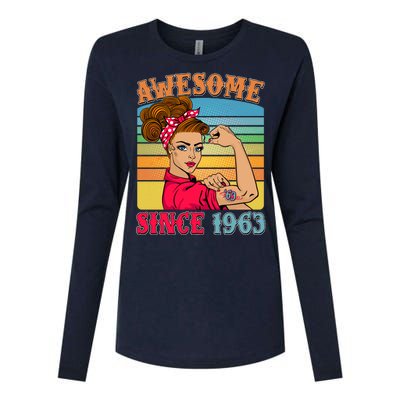 Awesome Since 1963 60th Birthday Messy Bun Rosie The Riveter Womens Cotton Relaxed Long Sleeve T-Shirt