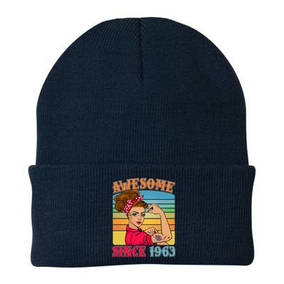 Awesome Since 1963 60th Birthday Messy Bun Rosie The Riveter Knit Cap Winter Beanie