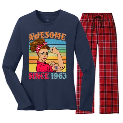 Awesome Since 1963 60th Birthday Messy Bun Rosie The Riveter Women's Long Sleeve Flannel Pajama Set 