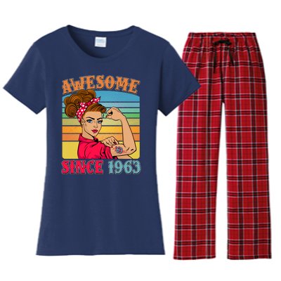 Awesome Since 1963 60th Birthday Messy Bun Rosie The Riveter Women's Flannel Pajama Set