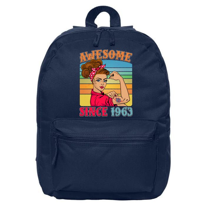 Awesome Since 1963 60th Birthday Messy Bun Rosie The Riveter 16 in Basic Backpack