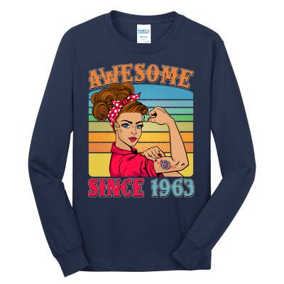 Awesome Since 1963 60th Birthday Messy Bun Rosie The Riveter Tall Long Sleeve T-Shirt