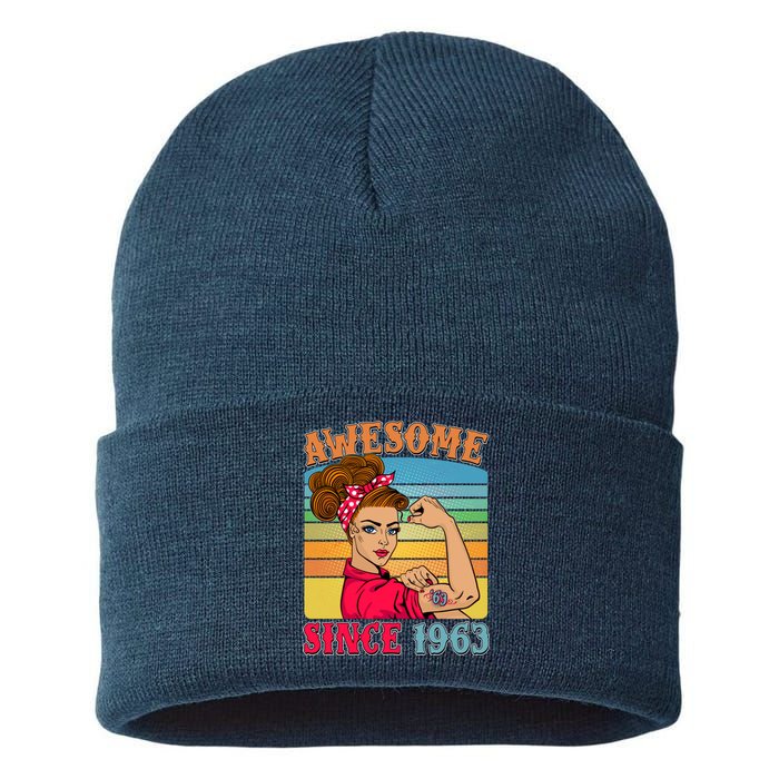 Awesome Since 1963 60th Birthday Messy Bun Rosie The Riveter Sustainable Knit Beanie