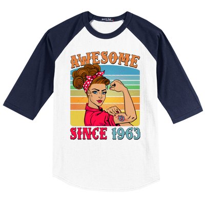 Awesome Since 1963 60th Birthday Messy Bun Rosie The Riveter Baseball Sleeve Shirt