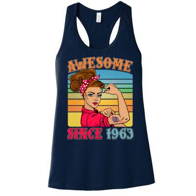 Awesome Since 1963 60th Birthday Messy Bun Rosie The Riveter Women's Racerback Tank