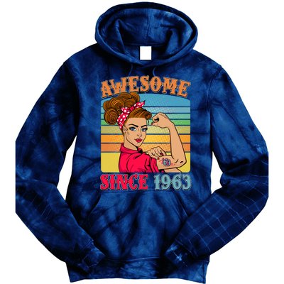 Awesome Since 1963 60th Birthday Messy Bun Rosie The Riveter Tie Dye Hoodie