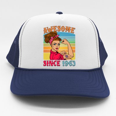 Awesome Since 1963 60th Birthday Messy Bun Rosie The Riveter Trucker Hat