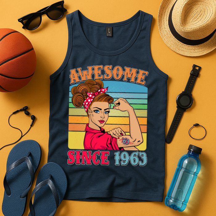 Awesome Since 1963 60th Birthday Messy Bun Rosie The Riveter Tank Top