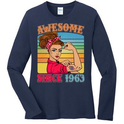 Awesome Since 1963 60th Birthday Messy Bun Rosie The Riveter Ladies Long Sleeve Shirt