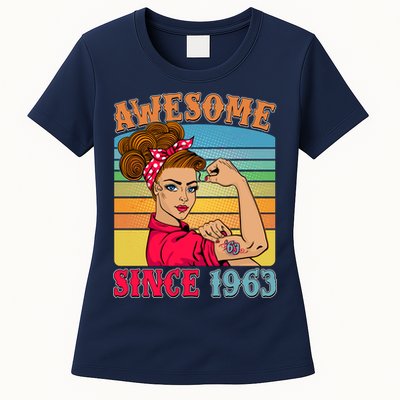 Awesome Since 1963 60th Birthday Messy Bun Rosie The Riveter Womens T-Shirt