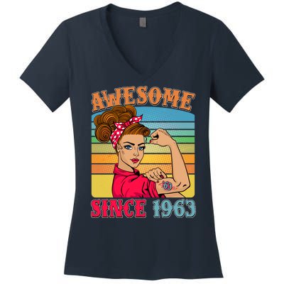 Awesome Since 1963 60th Birthday Messy Bun Rosie The Riveter Women's V-Neck T-Shirt