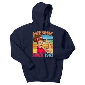 Awesome Since 1963 60th Birthday Messy Bun Rosie The Riveter Kids Hoodie