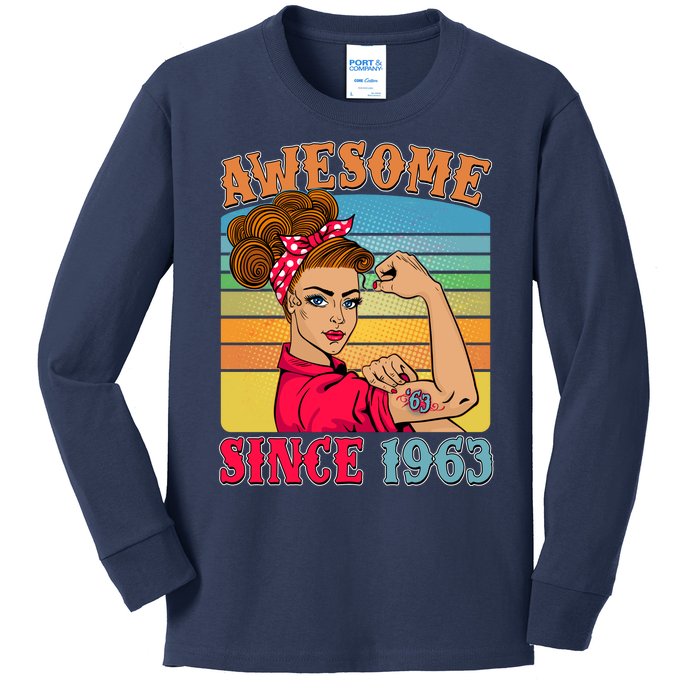 Awesome Since 1963 60th Birthday Messy Bun Rosie The Riveter Kids Long Sleeve Shirt