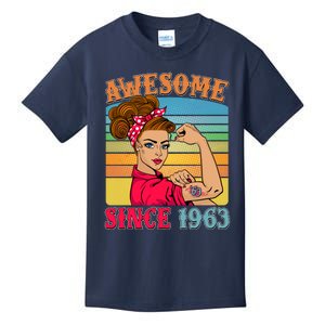 Awesome Since 1963 60th Birthday Messy Bun Rosie The Riveter Kids T-Shirt