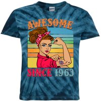 Awesome Since 1963 60th Birthday Messy Bun Rosie The Riveter Kids Tie-Dye T-Shirt