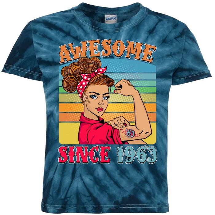 Awesome Since 1963 60th Birthday Messy Bun Rosie The Riveter Kids Tie-Dye T-Shirt