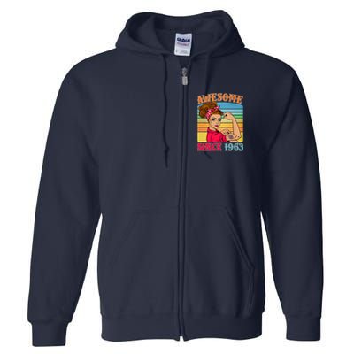 Awesome Since 1963 60th Birthday Messy Bun Rosie The Riveter Full Zip Hoodie